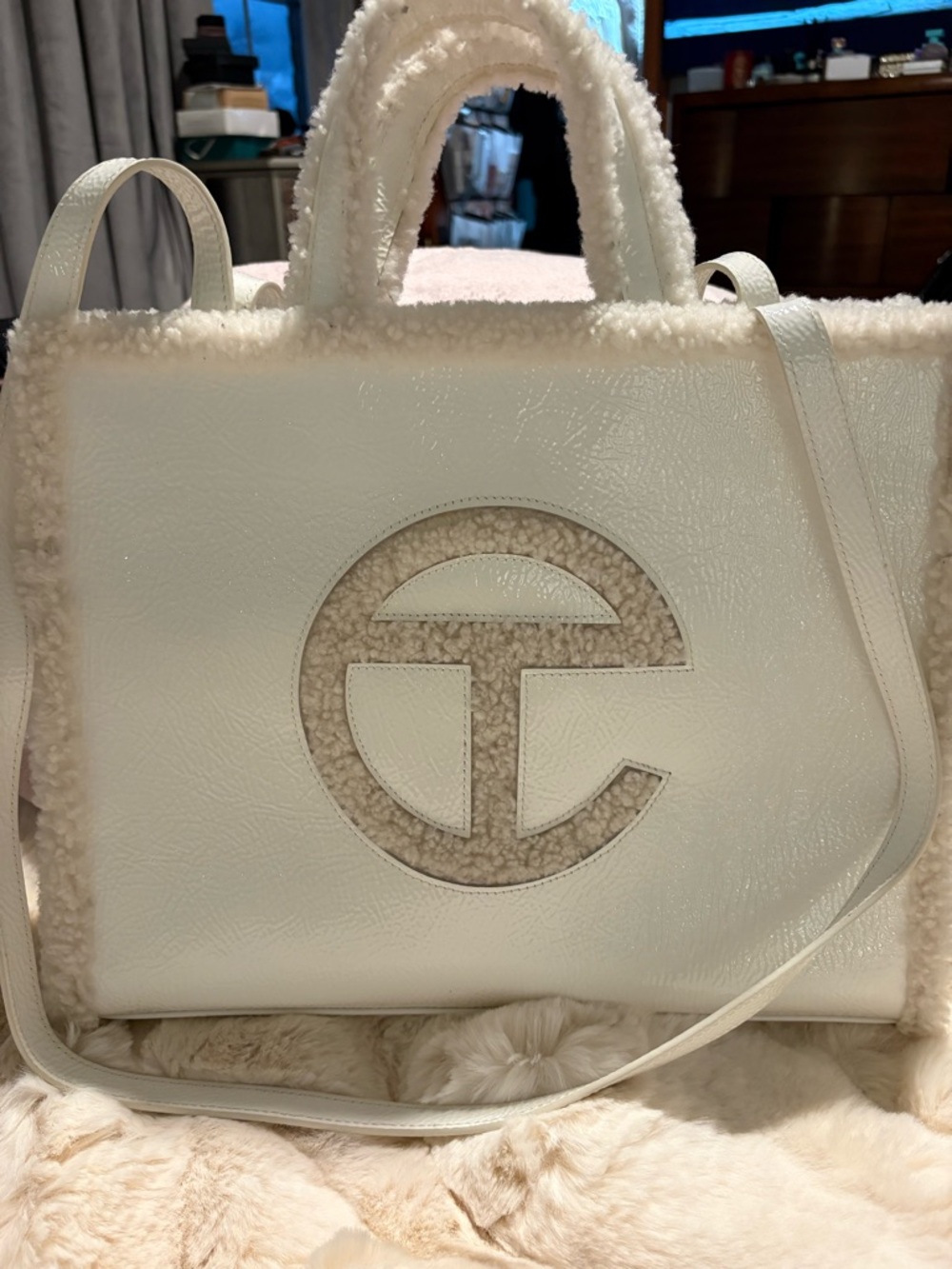 White Shearling Accent Tote Bag - Designer collaboration **Telfar and Ugg
